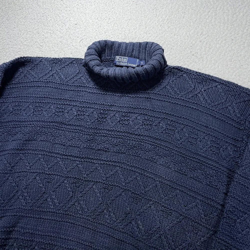 Vintage Polo Ralph Lauren Hand Knit Cotton Turtleneck Sweater Navy XL 90s RARE